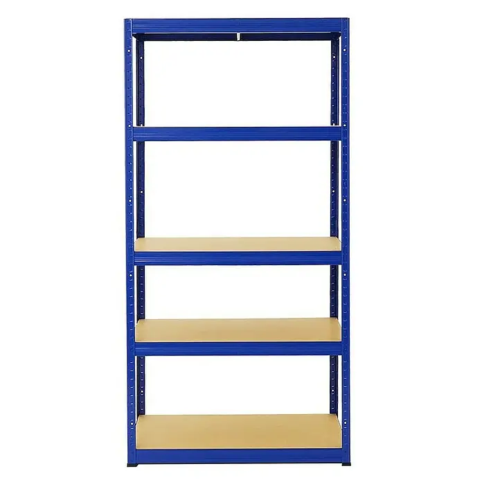Proregal Eckregal Mega Deal + 2x Schwerlastregal Slim Elephant S - Traglast pro Boden: 250 kg, Anzahl Böden: 5 Stk., Stecken, Blau - Regal mit fünf Fächern und blauem Metallrahmen.