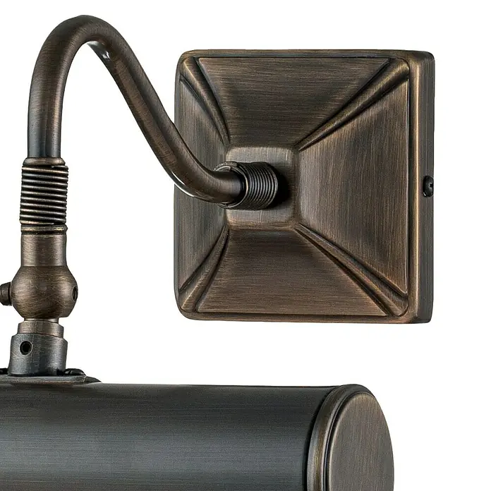 Elstead LED-Bilderleuchte - 40 W, L x B x H: 20 x 19 x 13,5 cm, Dark Bronze - Nahaufnahme einer bronzefarbenen Bilderleuchte mit einem dekorativen, quadratischen Wandhalterung und einem verstellbaren Arm.