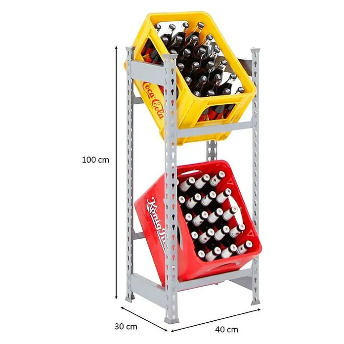 Proregal Getränkekistenregal AMMERSEE - H x B x T: 100 x 40 x 30 cm, Traglast pro Boden: 100 kg, Anzahl Böden: 2 Stk., Stecken, Grau - Getränkeregal mit gelbem Coca-Cola-Kasten oben und rotem König Pilsener-Kasten unten. Praktische Getränkeaufbewahrung mit Größenangabe.