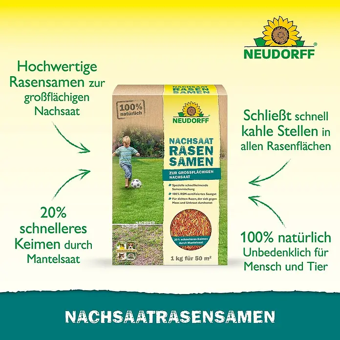 Neudorff Nachsaat-Rasen - 1 kg, 50 m² - Produktbild von Neudorff Nachsaat Rasensamen, ideal für die großflächige Rasenreparatur.