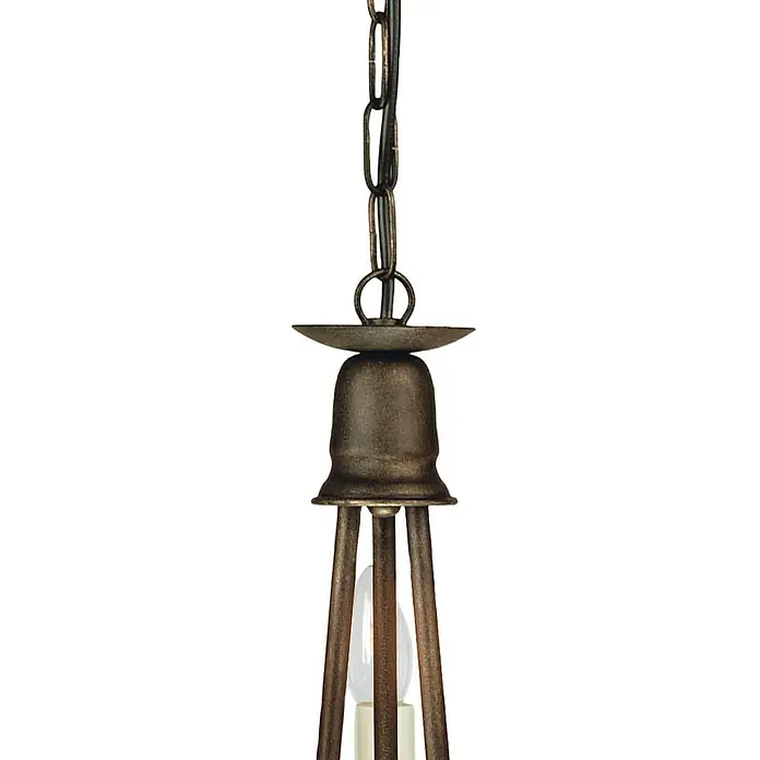 Elstead Pendelleuchte Minster - 60 W, L x B x H: 37 x 37 x 34,5 cm, Schwarz/ Gold, E14 - Detailaufnahme einer bronzefarbenen Pendelleuchte mit filigranen Stabelementen und Kettenaufhängung. Elegantes Design für stilvolle Beleuchtung.
