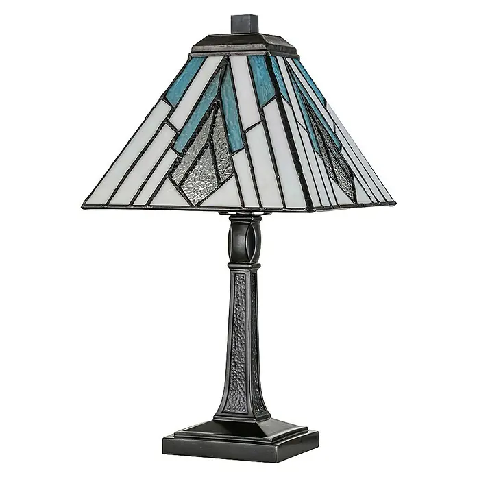 Elstead Alderley Tischleuchte Tiffany - 40 W, L x B x H: 20,6 x 20,6 x 35 cm, Braun, Beige, E14 - Tischleuchte im Kunsthandwerkstil mit blauem und klarem Glas.