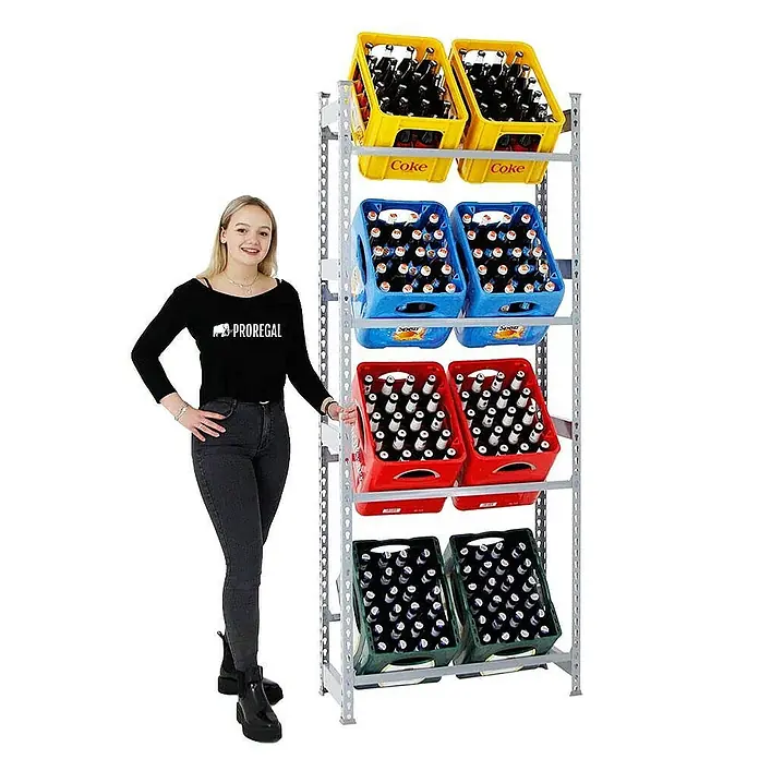 Proregal Getränkekistenregal HIGH BIG CAMEL - Traglast pro Boden: 100 kg, Anzahl Böden: 4 Stk., Stecken, Grau - Getränkeregal mit farbigen Getränkekisten.