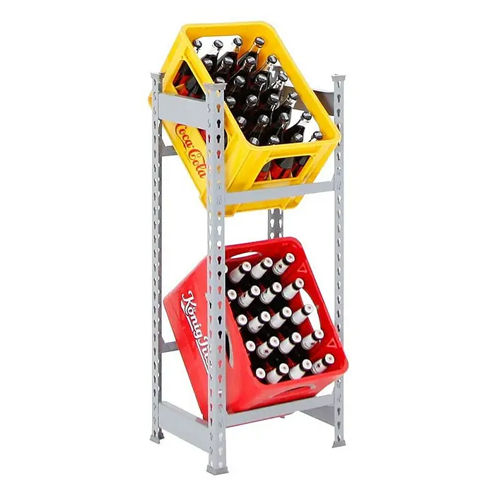 Proregal Getränkekistenregal AMMERSEE - H x B x T: 100 x 40 x 30 cm, Traglast pro Boden: 100 kg, Anzahl Böden: 2 Stk., Stecken, Grau - Regal mit Getränkekisten. Gelber Coca-Cola-Kasten oben, roter König-Kasten unten, beide mit Glasflaschen gefüllt.