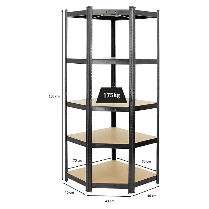 Proregal Eckregal Ragnar - H x B x T: 180 x 70 x 40 cm, Traglast pro Boden: 175 kg, Anzahl Böden: 5 Stk., Stecken, Schwarz - Eckregal mit fünf Regalböden und den Maßen 180 cm Höhe, 70 cm Tiefe und 40/43 cm Breite, belastbar bis 175 kg.