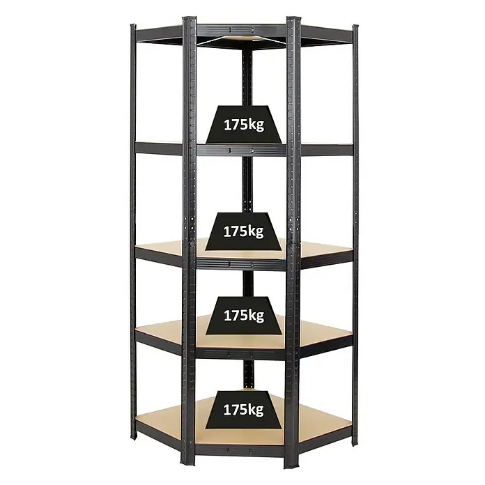 Proregal Eckregal Ragnar - H x B x T: 180 x 70 x 40 cm, Traglast pro Boden: 175 kg, Anzahl Böden: 5 Stk., Stecken, Schwarz - Schwerlastregal mit vier Ebenen, jede Ebene mit 175 kg belastbar. Das Regal ist ideal für Lagerung und Organisation.