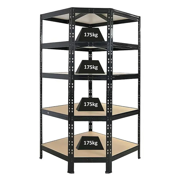Proregal Eckregal Tiger - Traglast pro Boden: 175 kg, Anzahl Böden: 5 Stk., Stecken, Schwarz - Vielseitiges Eckregal mit vier Ebenen, ideal für schwere Lasten bis 175kg pro Boden. Robust und platzsparend.