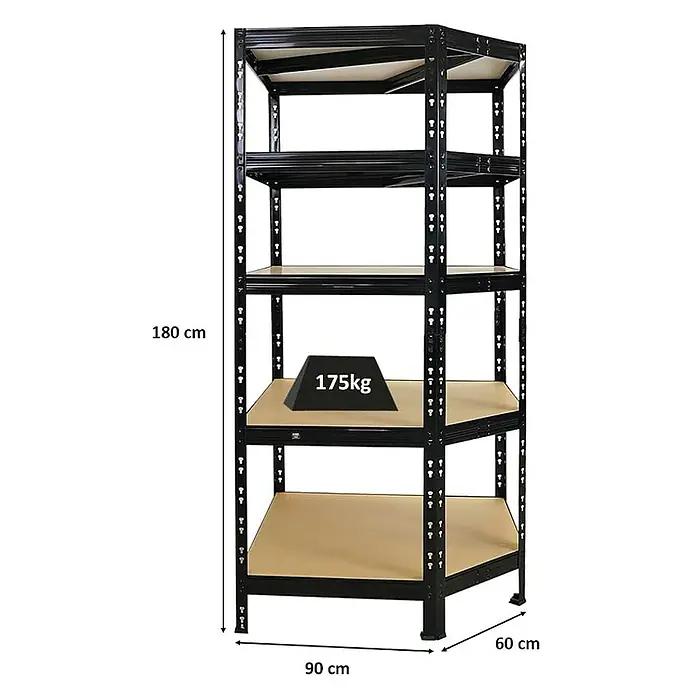 Proregal Eckregal Tiger - Traglast pro Boden: 175 kg, Anzahl Böden: 5 Stk., Stecken, Schwarz - Schwarzes Eckregal mit fünf Ebenen und den Maßen 180x90x60 cm. Ein Gewicht von 175 kg liegt auf einem der Regalböden.