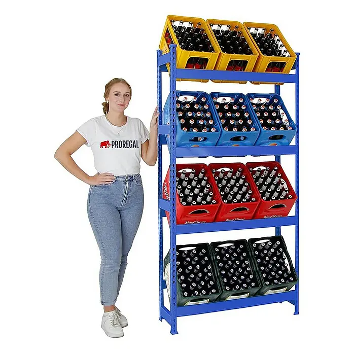 Proregal Getränkekistenregal HIGH BIG CAMEL - Traglast pro Boden: 100 kg, Anzahl Böden: 4 Stk., Stecken, Blau - Produktfoto eines blauen Regals mit vier Ebenen voller Bierkisten in Gelb, Blau, Rot und Grün.