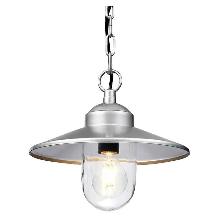Elstead Pendelleuchte Klampenborg - 60 W, L x B x H: 27,5 x 27,5 x 36 cm, Silber, E27 - Eine Pendelleuchte in Silber mit einer klaren Glühbirne, die ein warmes Licht ausstrahlt, hängt an einer Kette.