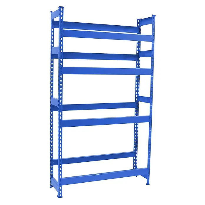 Proregal Getränkekistenregal HIGH BIG CAMEL - Traglast pro Boden: 100 kg, Anzahl Böden: 4 Stk., Stecken, Blau - Blaues Regalsystem mit mehreren Ebenen und Lochmuster, ideal für Lagerung und Organisation in Werkstatt oder Lagerraum.