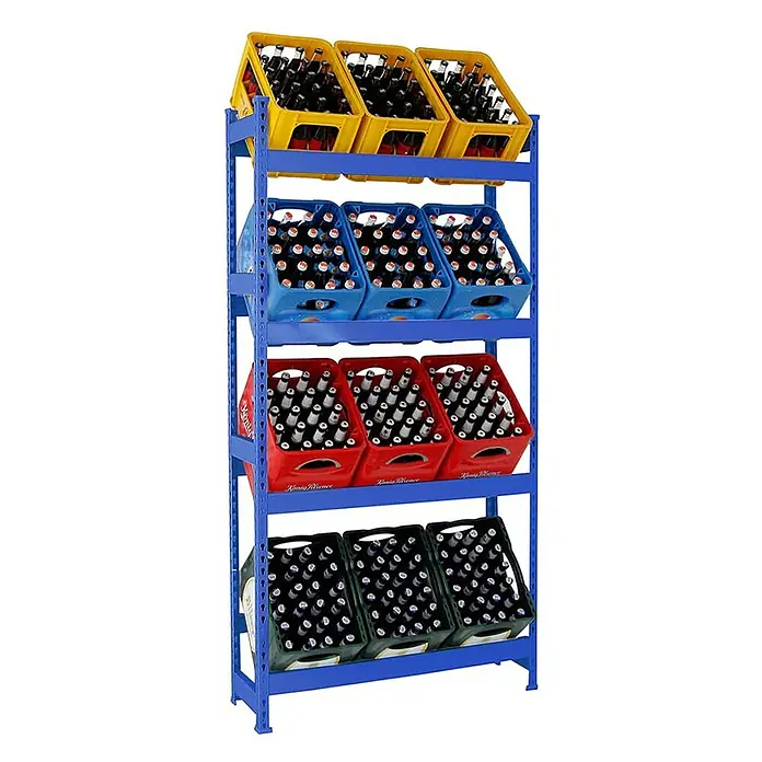 Proregal Getränkekistenregal HIGH BIG CAMEL - Traglast pro Boden: 100 kg, Anzahl Böden: 4 Stk., Stecken, Blau - Bierkistenregal mit gelben, blauen, roten und grünen Kisten voller Bierflaschen, ideal für Lagerung und Präsentation.