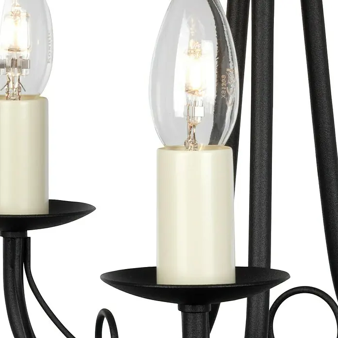 Elstead Pendelleuchte Minster - 60 W, L x B x H: 37 x 37 x 34,5 cm, Schwarz, E14 - Nahaufnahme einer dekorativen Innenleuchte mit Glühbirnen und schwarzen Metallelementen.