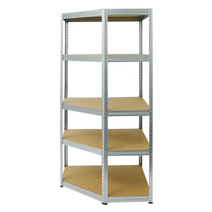 Proregal Eckregal Mega Deal + 2x Schwerlastregal Slim Elephant S - Traglast pro Boden: 250 kg, Anzahl Böden: 5 Stk., Stecken, Verzinkt - Abbildung eines Metallregals mit fünf Regalböden, ideal für Lagerung und Organisation. Das robuste Regal bietet viel Stauraum.