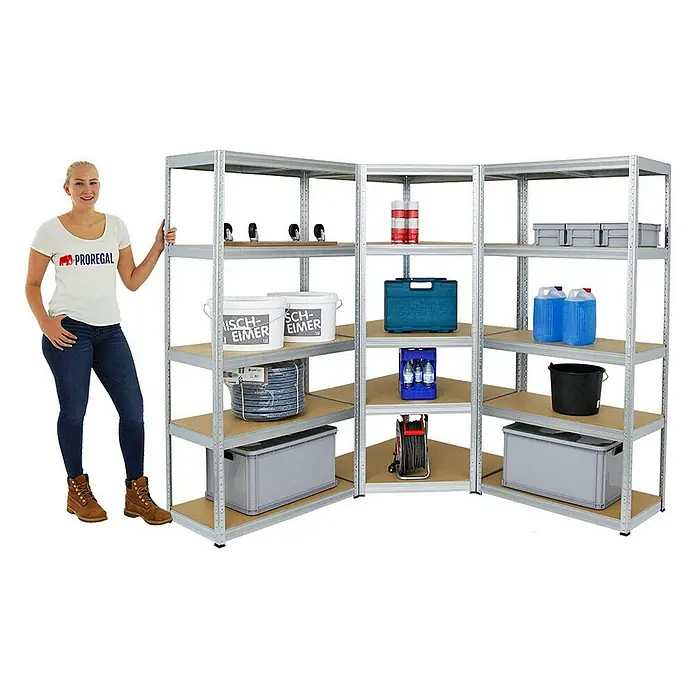 Proregal Eckregal Mega Deal + 2x Schwerlastregal Slim Elephant S - Traglast pro Boden: 250 kg, Anzahl Böden: 5 Stk., Stecken, Verzinkt - Ein modulares Regalsystem mit robusten Metallrahmen und Holzregalböden, ideal für Lagerung und Organisation in Garage oder Keller.