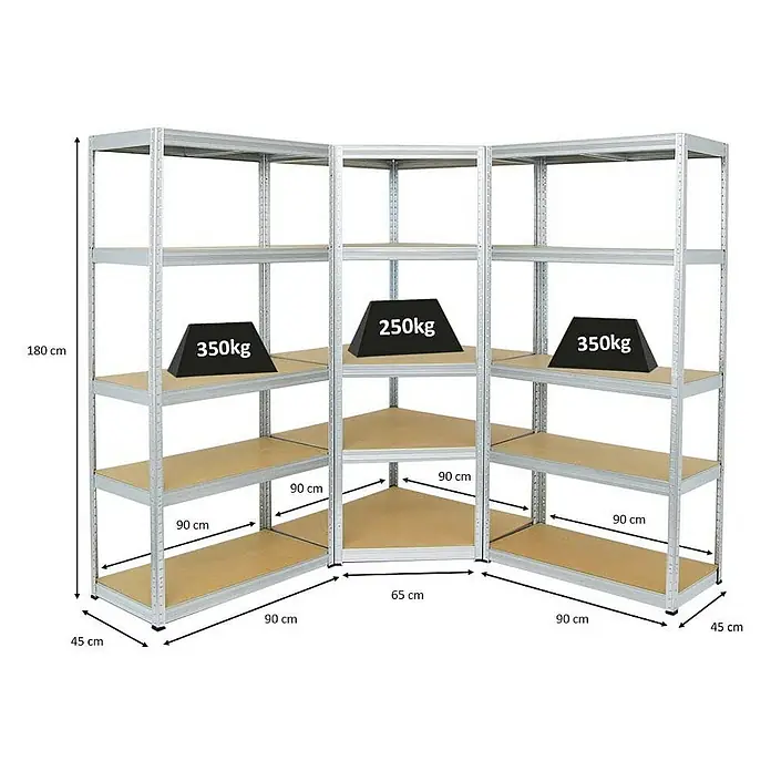 Proregal Eckregal Mega Deal + 2x Schwerlastregal Slim Elephant S - Traglast pro Boden: 250 kg, Anzahl Böden: 5 Stk., Stecken, Verzinkt - Eckregalsystem mit fünf Ebenen und Gewichtsangaben zur Veranschaulichung der Belastbarkeit, ideal für Lagerung und Organisation.