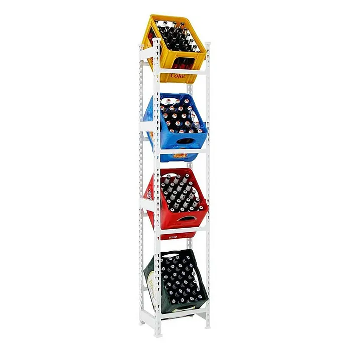 Proregal Getränkekistenregal HIGH BIG CAMEL - Traglast pro Boden: 100 kg, Anzahl Böden: 4 Stk., Stecken, Weiß - Regal mit vier bunten Getränkekisten, gefüllt mit Flaschen. Perfekt für die Lagerung von Getränken im Keller oder in der Vorratskammer.