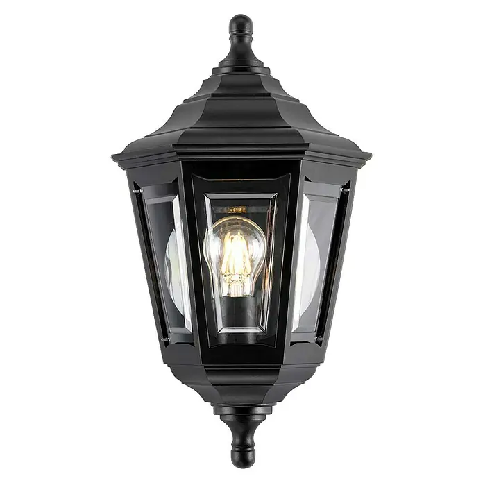 Elstead Außenwandleuchte Kinsale - 60 W, 12,7 x 44 x 44 cm, Schwarz, IP44 - Detailaufnahme einer schwarzen Aussenleuchte mit dekorativer Glühbirne, die eine stimmungsvolle Atmosphäre im Garten schafft.