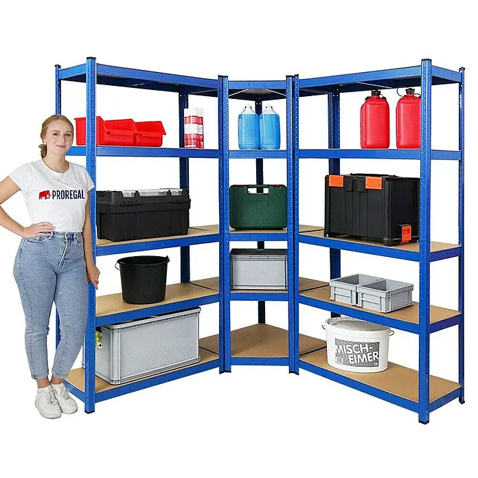 Proregal Eckregal Mega Deal Ragnar - H x B x T: 180 x 70 x 160 cm, Traglast pro Boden: 175 kg, Anzahl Böden: 5 Stk., Stecken, Blau - Lagerregal-Eckkombination mit robusten, blauen Metallrahmen und Holzregalböden, ideal für Garage oder Keller.\n