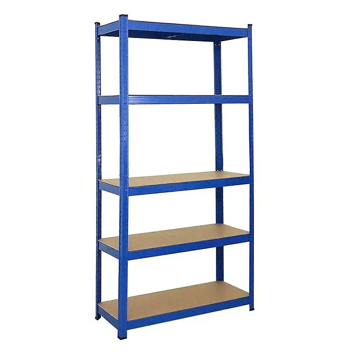 Proregal Eckregal Mega Deal Ragnar - H x B x T: 180 x 70 x 160 cm, Traglast pro Boden: 175 kg, Anzahl Böden: 5 Stk., Stecken, Blau - Regal mit blauem Metallrahmen und vier braunen Regalböden. Praktisches Aufbewahrungsmöbel für Lagerung.