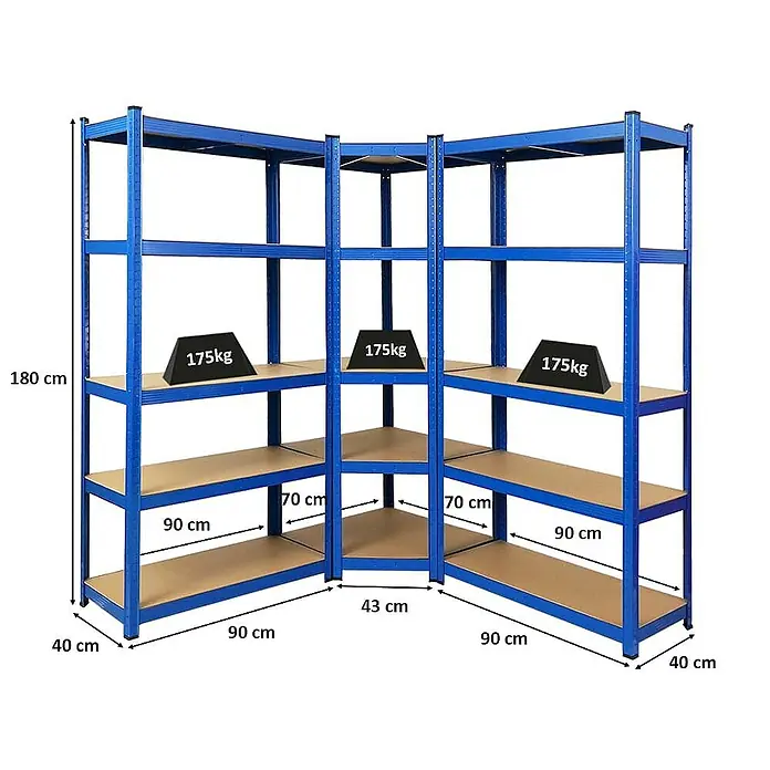 Proregal Eckregal Mega Deal Ragnar - H x B x T: 180 x 70 x 160 cm, Traglast pro Boden: 175 kg, Anzahl Böden: 5 Stk., Stecken, Blau - Eckregal-Einheit mit fünf Ebenen, belastbar bis zu 175 kg pro Ebene. Ideal für Garage oder Lagerraum mit Maßen von 180 cm Höhe.