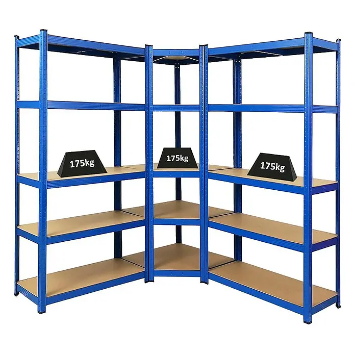 Proregal Eckregal Mega Deal Ragnar - H x B x T: 180 x 70 x 160 cm, Traglast pro Boden: 175 kg, Anzahl Böden: 5 Stk., Stecken, Blau - Regal mit blauen Metallrahmen und hellbraunen Regalböden. Auf jeder Ablage befindet sich ein Gewicht von 175kg.