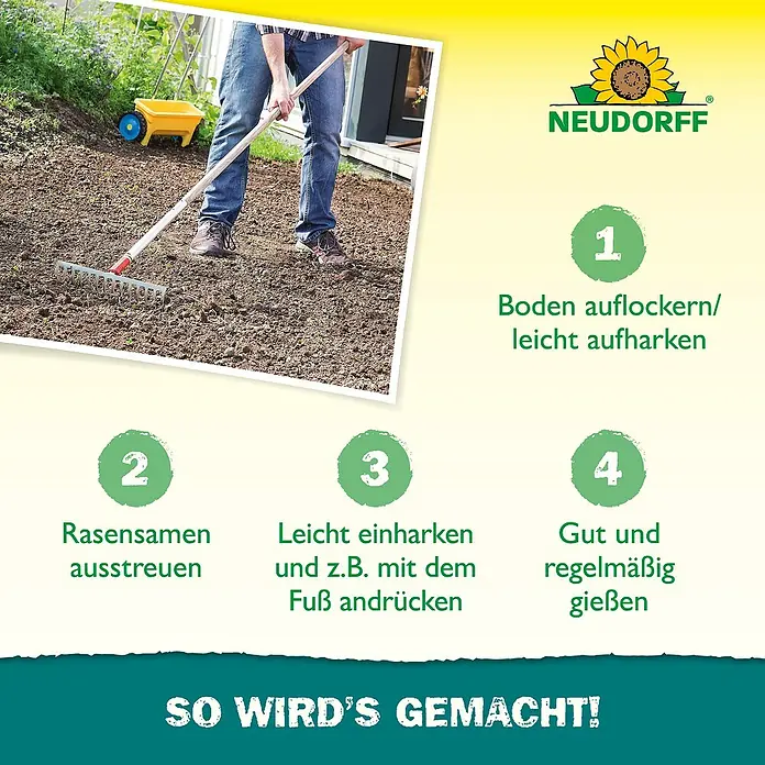 Neudorff Nachsaat-Rasen - 1 kg, 50 m² - Anleitung zur Rasenanlage mit Neudorff-Produkten: Boden lockern, Rasen säen, leicht einharken und regelmäßig gießen.