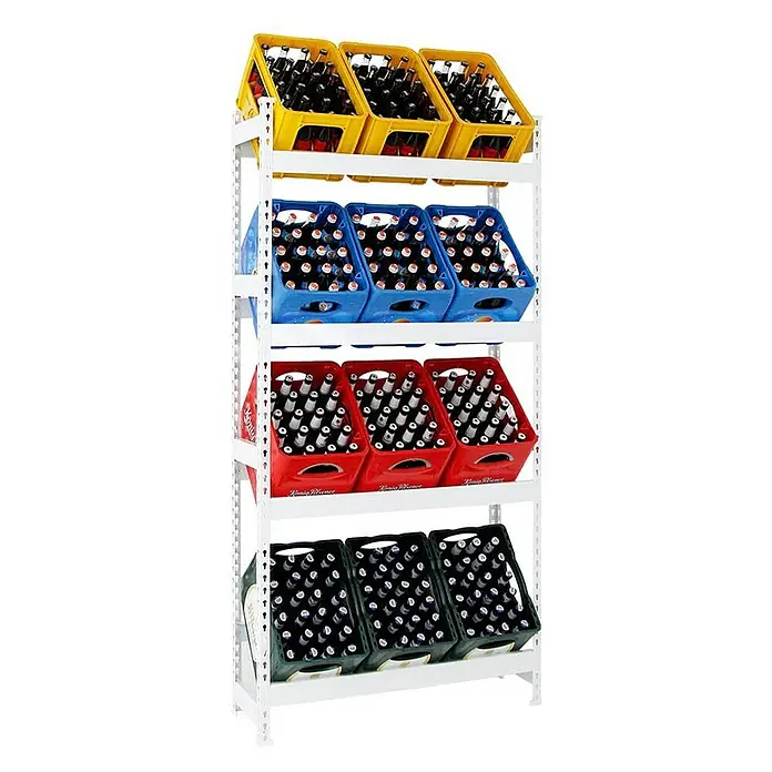 Proregal Getränkekistenregal HIGH BIG CAMEL - Traglast pro Boden: 100 kg, Anzahl Böden: 4 Stk., Stecken, Weiß - Regal mit gelben, blauen, roten und grünen Bierkisten. Die Kisten sind mit Bierflaschen gefüllt und auf einem weißen Metallregal platziert.