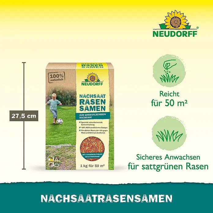 Neudorff Nachsaat-Rasen - 1 kg, 50 m² - Rasensamenpackung der Marke Neudorff.