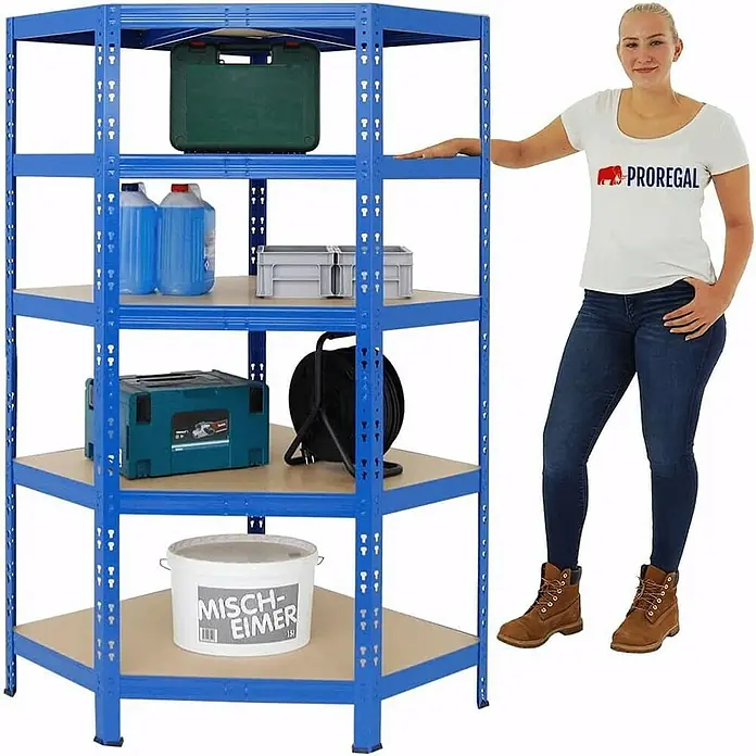 Proregal Eckregal Tiger - H x B x T: 180 x 90 x 45 cm, Traglast pro Boden: 175 kg, Anzahl Böden: 5 Stk., Stecken, Blau - Regal mit fünf Regalböden in blauem Metallrahmen, ideal für die Aufbewahrung verschiedener Gegenstände.