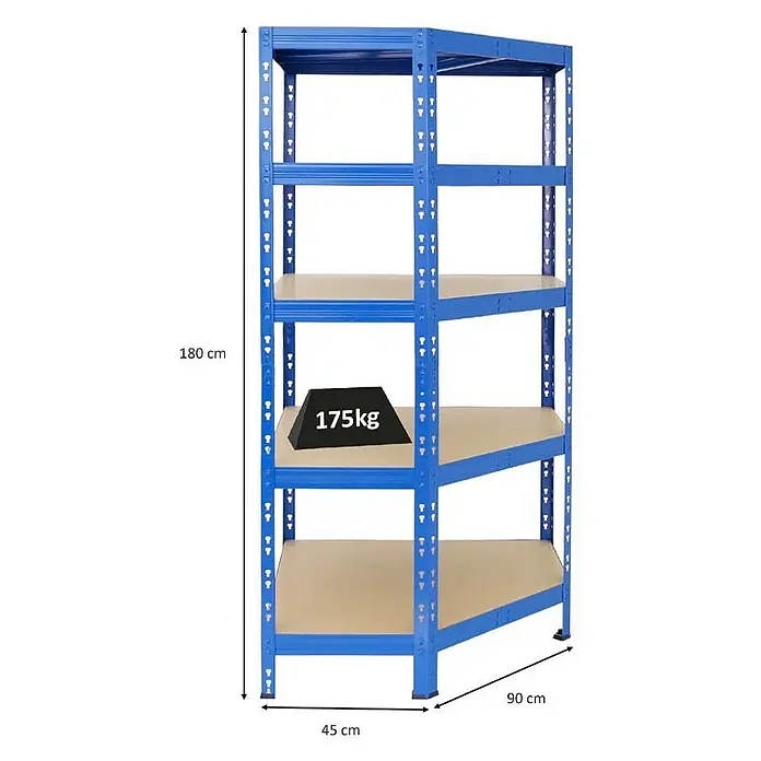 Proregal Eckregal Tiger - H x B x T: 180 x 90 x 45 cm, Traglast pro Boden: 175 kg, Anzahl Böden: 5 Stk., Stecken, Blau - Regal mit fünf Ebenen in Blau, Abmessungen 180x90x45 cm, belastbar mit bis zu 175 kg.