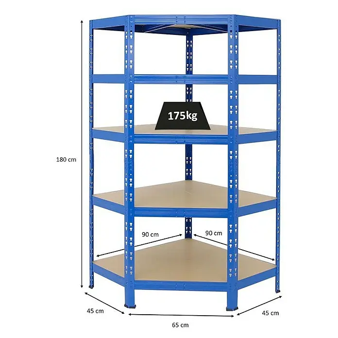 Proregal Eckregal Tiger - H x B x T: 180 x 90 x 45 cm, Traglast pro Boden: 175 kg, Anzahl Böden: 5 Stk., Stecken, Blau - Eckregal aus Stahl, blau, mit fünf Ebenen, 180cm hoch, belastbar bis 175kg pro Ebene.