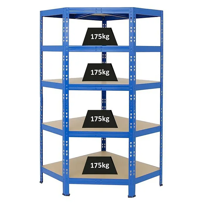 Proregal Eckregal Tiger - H x B x T: 180 x 90 x 45 cm, Traglast pro Boden: 175 kg, Anzahl Böden: 5 Stk., Stecken, Blau - Regal mit vier Ebenen, jede belastbar mit 175 kg. Ideal für Lagerung und Organisation.