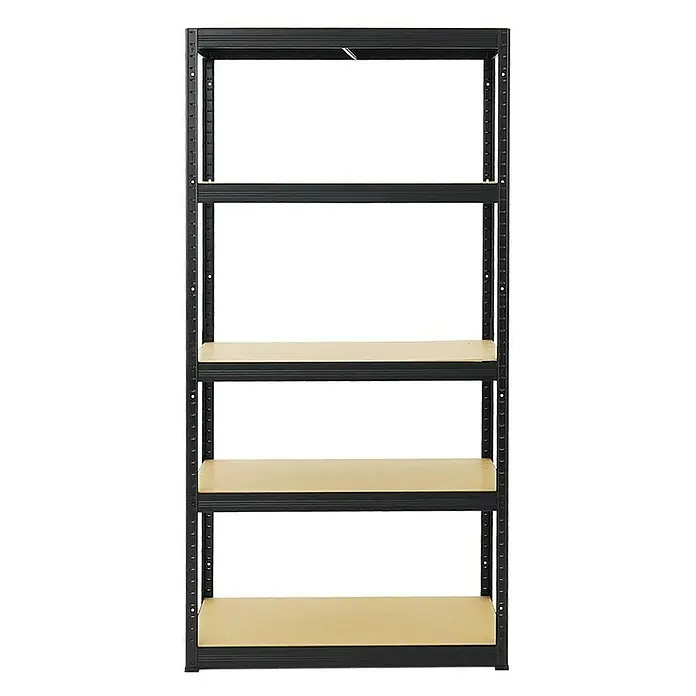 Proregal Eckregal Mega Deal + 2x Schwerlastregal Slim Elephant S - Traglast pro Boden: 250 kg, Anzahl Böden: 5 Stk., Stecken, Schwarz - Ein robustes, schwarzes Metallregal mit fünf Regalböden, ideal für Lagerung und Organisation. Perfekt für Werkstatt oder Keller.