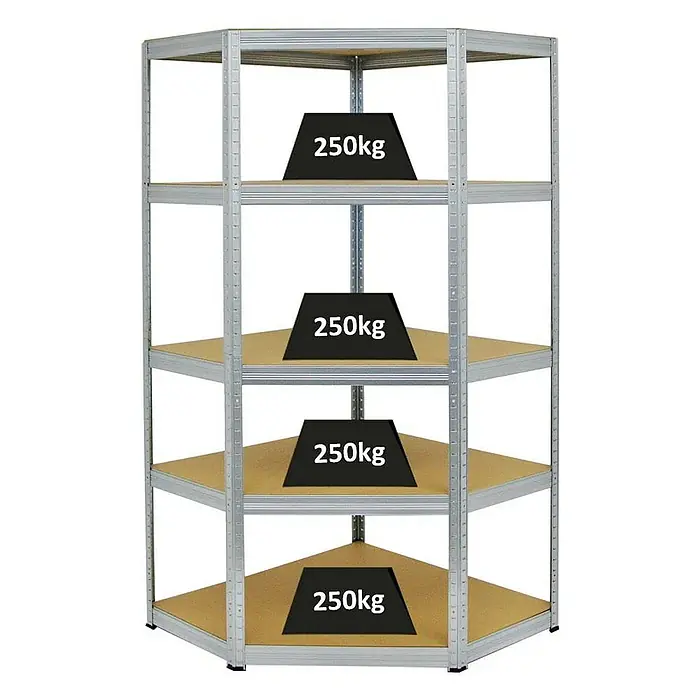 Proregal Eckregal Slim Elephant - Traglast pro Boden: 250 kg, Anzahl Böden: 5 Stk., Stecken, Verzinkt - Belastbares Eckregal mit vier Ablagen, jede mit 250 kg belastbar, ideal für Lagerung in Ecken.