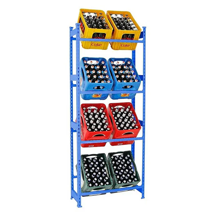 Proregal Getränkekistenregal HIGH BIG CAMEL - H x B x T: 200 x 80 x 30 cm, Traglast pro Boden: 100 kg, Anzahl Böden: 4 Stk., Stecken, Blau - Getränkekistenregal mit vier Ebenen voller Getränkekisten in Gelb, Blau, Rot und Grün.