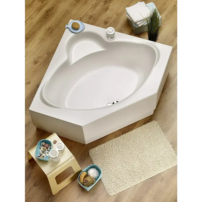 Ottofond Eckbadewanne Agadir - L x B: 125 x 125 cm, Sanitäracryl, Weiß - Eckbadewanne mit Badematte und Ablagetisch für Badezimmer-Accessoires.