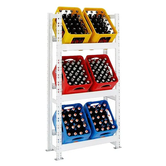 Proregal Getränkekistenregal Tegernsee - Traglast pro Boden: 100 kg, Anzahl Böden: 2 Stk., Stecken - Regal mit gelben, roten und blauen Getränkekisten, ideal für Lagerung und Präsentation von Getränken.