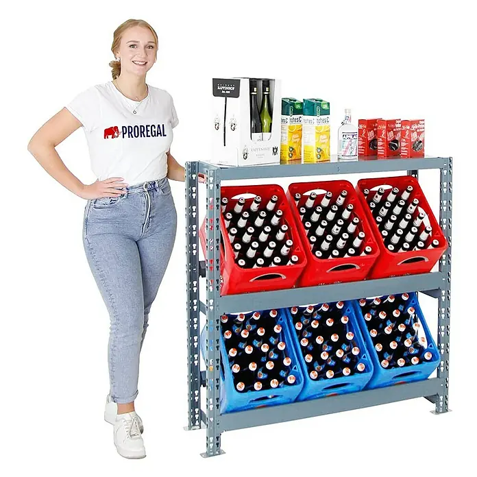 Proregal Getränkekistenregal Tegernsee XL - Traglast pro Boden: 100 kg, Anzahl Böden: 2 Stk., Stecken, Grau - Lagerregal mit Getränkekästen in Rot und Blau, ideal für die Getränkeaufbewahrung. Robust und platzsparend.