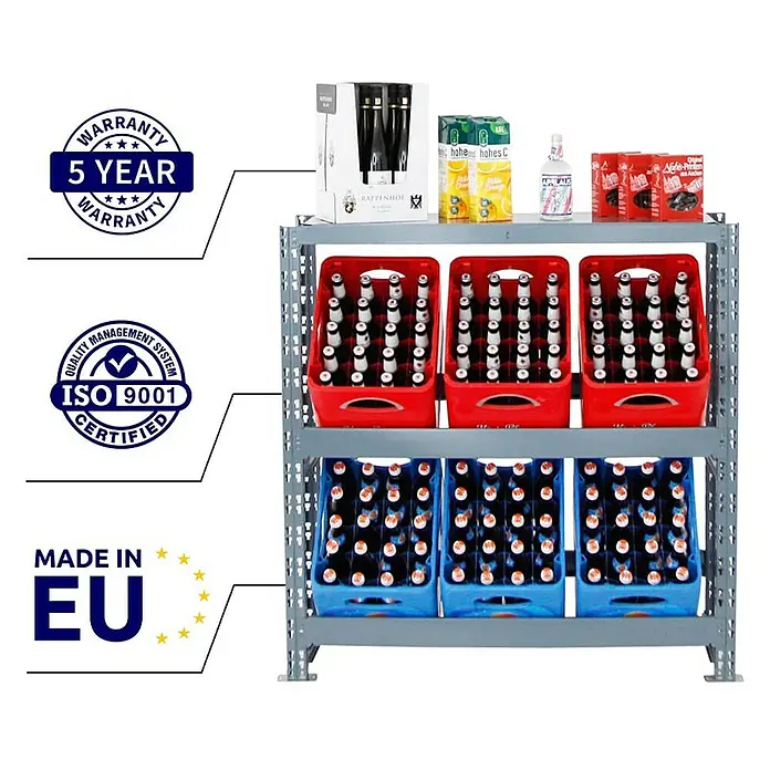 Proregal Getränkekistenregal Tegernsee XL - Traglast pro Boden: 100 kg, Anzahl Böden: 2 Stk., Stecken, Grau - Abbildung eines grauen Metallregals mit Getränken in roten und blauen Kisten, mit Garantie- und Qualitätssiegeln.