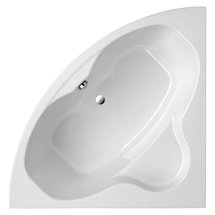 Ottofond Eckbadewanne Odessa - L x B: 147,5 x 147,5 cm, Sanitäracryl, Weiß - Detaillierte Aufnahme einer weißen Eckbadewanne mit glänzender Oberfläche und einem Abfluss in der Mitte. Ideal für moderne Badezimmer.