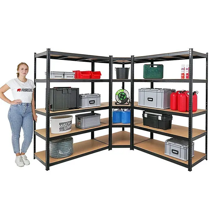 Proregal Eckregal Mega Deal Ragnar - Traglast pro Boden: 175 kg, Anzahl Böden: 5 Stk., Stecken, Schwarz - Eckregal mit fünf Ebenen, beladen mit verschiedenen Boxen und Behältern, ideal für Lagerung und Organisation.