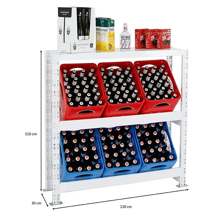 Proregal Getränkekistenregal Tegernsee XL - H x B x T: 110 x 110 x 30 cm, Traglast pro Boden: 100 kg, Anzahl Böden: 2 Stk., Stecken, Weiß - Abbildung eines Lagerregals mit Getränken und anderen Produkten, mit den Maßen 110 cm Höhe und 30 cm Tiefe.