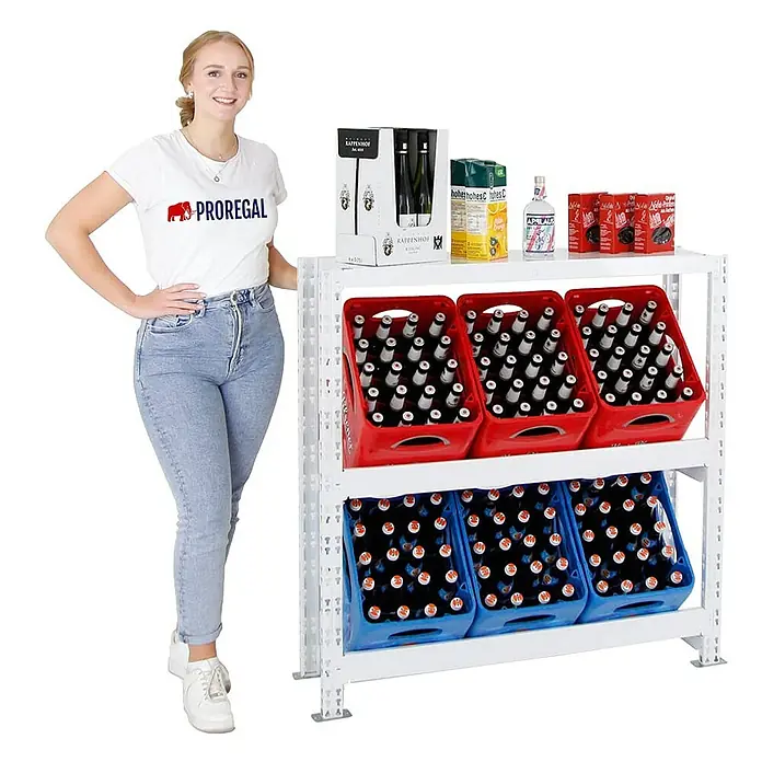 Proregal Getränkekistenregal Tegernsee XL - H x B x T: 110 x 110 x 30 cm, Traglast pro Boden: 100 kg, Anzahl Böden: 2 Stk., Stecken, Weiß - Regal mit Getränkekästen, darunter Wein, Saft und mehr. Die ideale Aufbewahrung für Ihre Getränke.