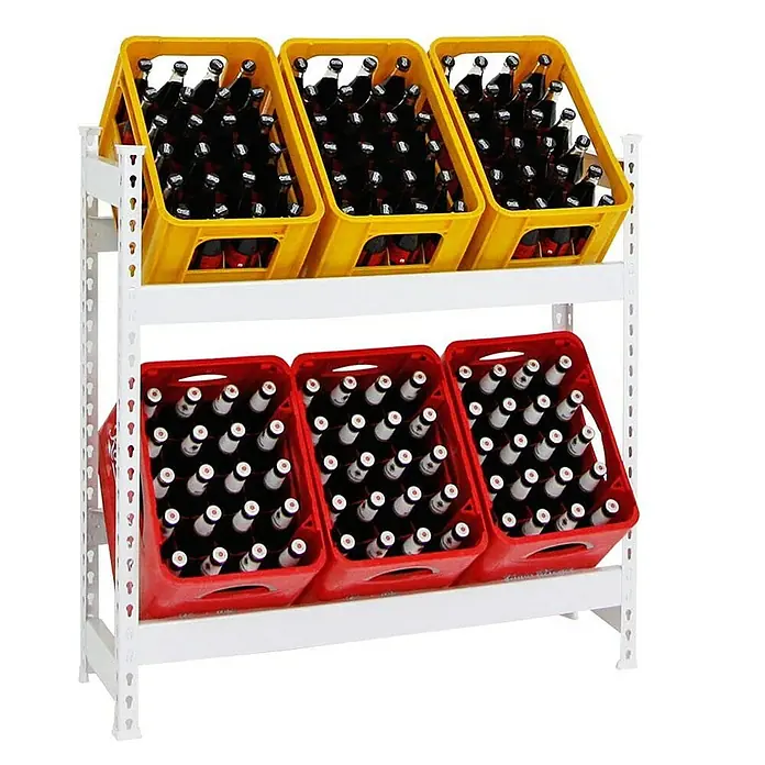 Proregal Getränkekistenregal CAMEL - Traglast pro Boden: 100 kg, Anzahl Böden: 2 Stk., Stecken, Weiß - Regal mit gelben und roten Getränkekästen voller Flaschen, ideal für Lagerung und Präsentation von Getränken.