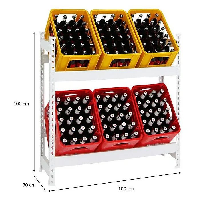 Proregal Getränkekistenregal CAMEL - Traglast pro Boden: 100 kg, Anzahl Böden: 2 Stk., Stecken, Weiß - Getränkelagerregal mit gelben und roten Bierkisten, Maße 100x100x30 cm.