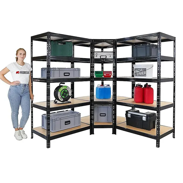 Proregal Eckregal Mega Deal + 2x Schwerlastregal Tiger - Traglast pro Boden: 175 kg, Anzahl Böden: 5 Stk., Stecken, Schwarz - Übersicht des Eckregalsystems mit robusten Metallrahmen und Holzregalböden, ideal für Lagerung in Garage oder Keller.
