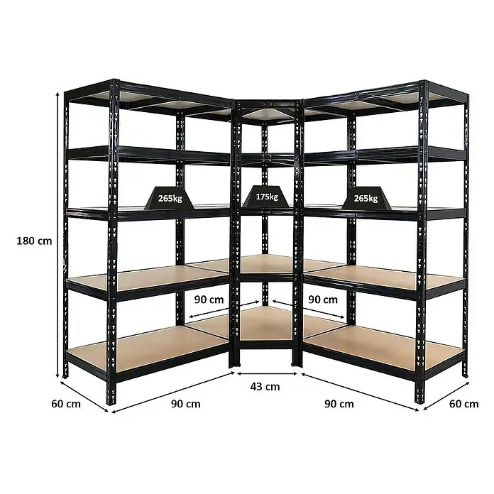 Proregal Eckregal Mega Deal + 2x Schwerlastregal Tiger - Traglast pro Boden: 175 kg, Anzahl Böden: 5 Stk., Stecken, Schwarz - Abbildung eines Eckregalsystems mit fünf Ebenen, robustem Metallrahmen und hellen Holzregalböden mit Gewichtsangaben.