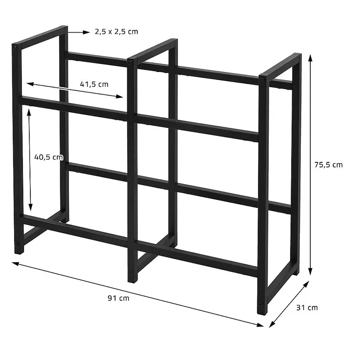 ML-Design Getränkekistenregal Kastenständer für 4 Kisten stabiles Standregal freistehend Stahl - H x B x T: 75,5 x 31 x 31 cm, Traglast pro Boden: 150 kg, Anzahl Böden: 4 Stk., Stecken, Anthrazit - Produktansicht des Brennholzregals aus schwarzem Metall mit Maßangaben zu Länge, Breite und Höhe. Praktische Kaminholzaufbewahrung.
