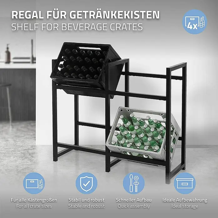 ML-Design Getränkekistenregal Kastenständer für 4 Kisten stabiles Standregal freistehend Stahl - H x B x T: 75,5 x 31 x 31 cm, Traglast pro Boden: 150 kg, Anzahl Böden: 4 Stk., Stecken, Anthrazit - Ein Regal für Getränkekisten mit zwei Ebenen, beladen mit vollen Flaschenkästen.